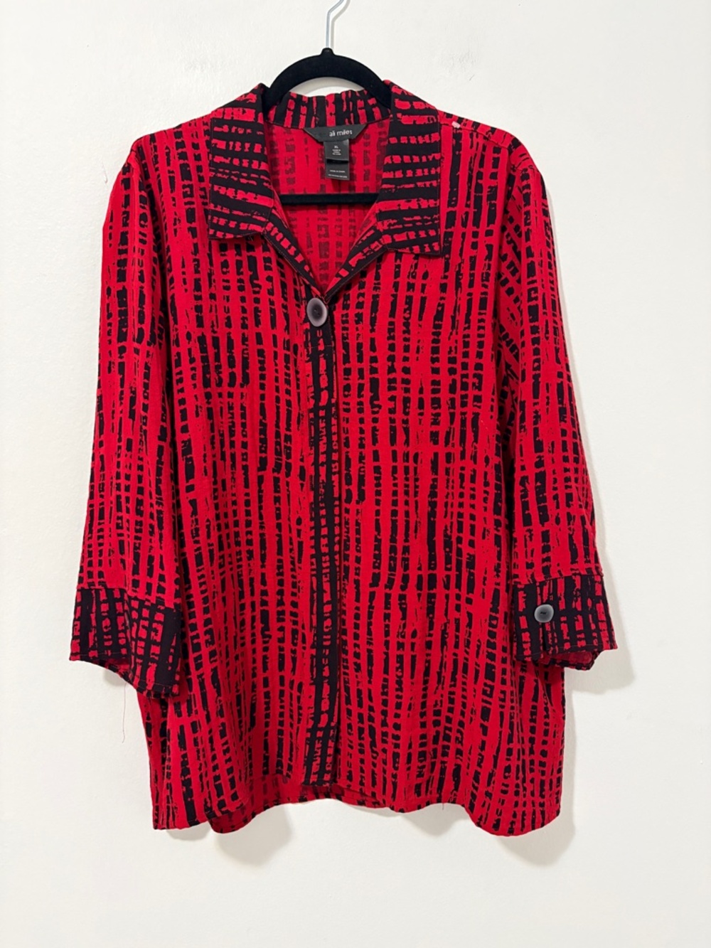 Ali Miles Plus Size XL Printed Woven Point Collar 3/4 Open Sleeve Button Tunic